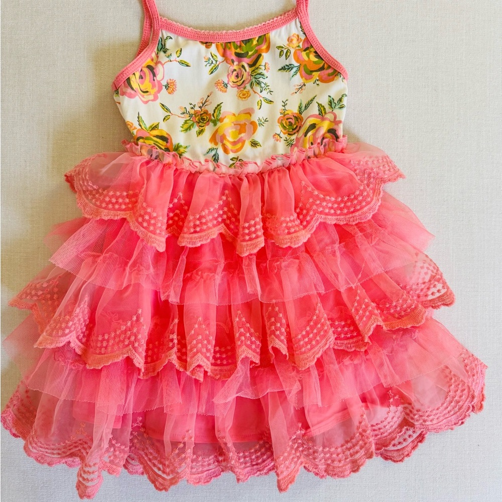 Boutique Easter Matilda Jane Dress Size 2/3 Floral Coral Pink Ruffle Tulle Dress